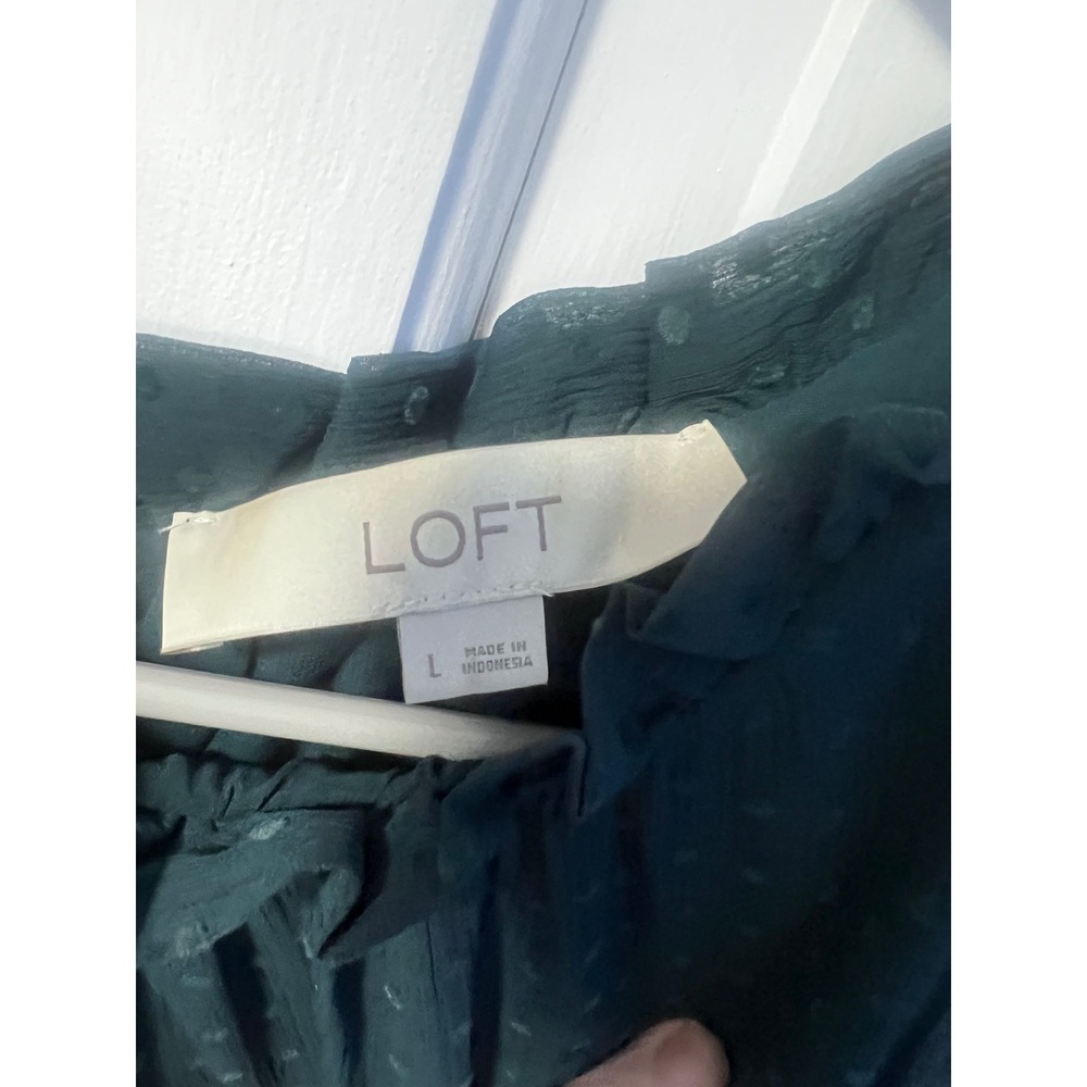 LOFT Womens Large Teal Green Clip Dot Ruffle Neck Peplum Sleeveless Blouse Top - Picture 3 of 5